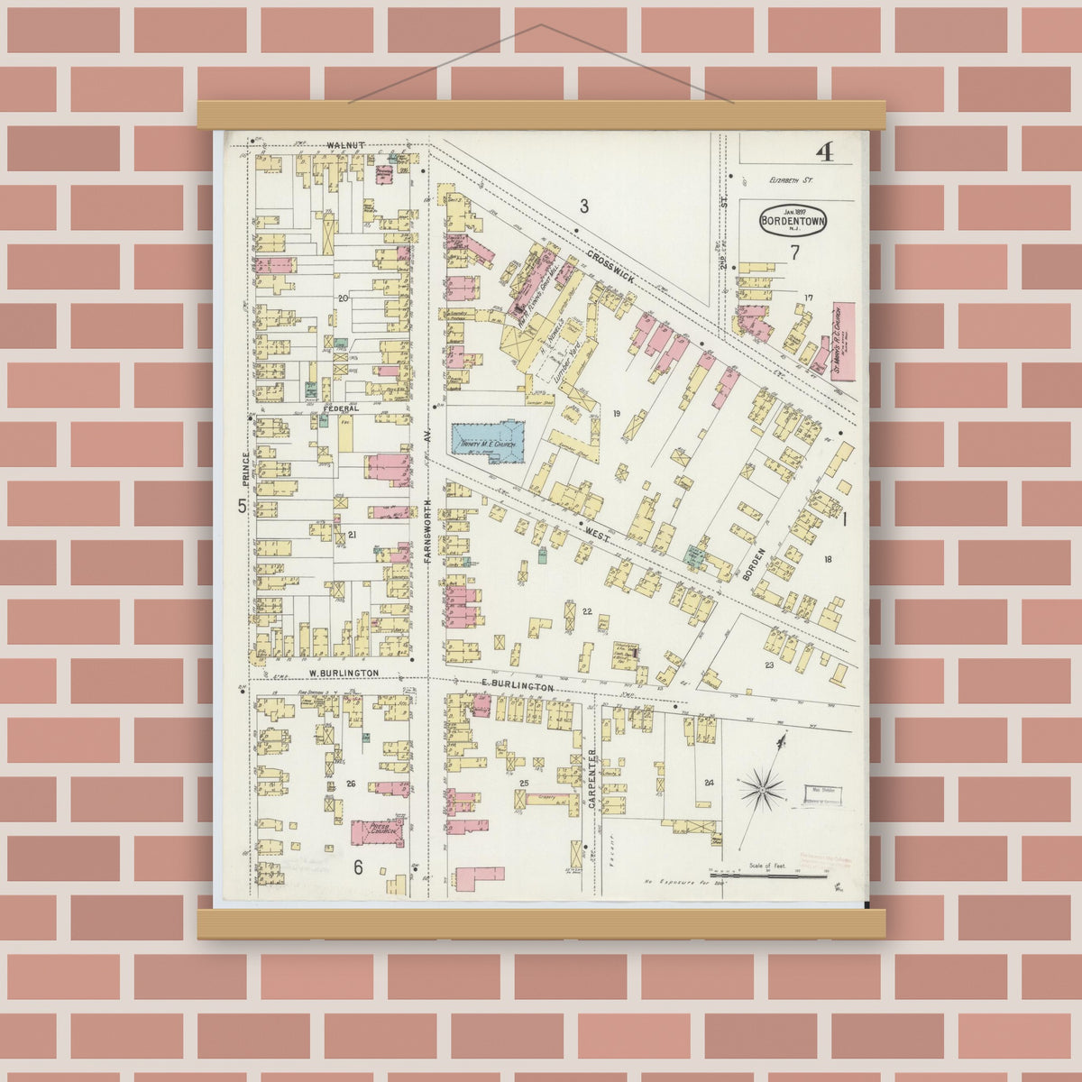 Old map wall art mockup — magnetic wood frame on brick wall — Sanborn Fire Insurance Map from Bordentown, Burlington County, New Jersey (1897), Sheet #0004