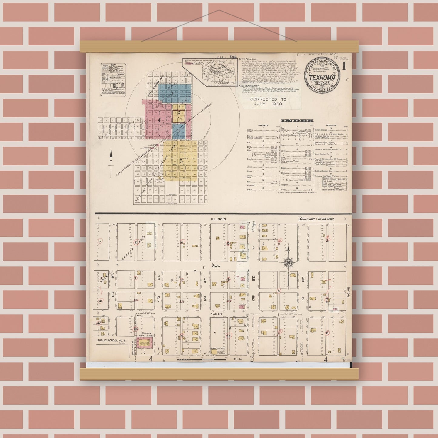 Old map wall art mockup — magnetic wood frame on brick wall — Sanborn Fire Insurance Map from Texhoma, Texas County, Oklahoma and Sherman County, Texas, Texas (1930), Sheet #0001