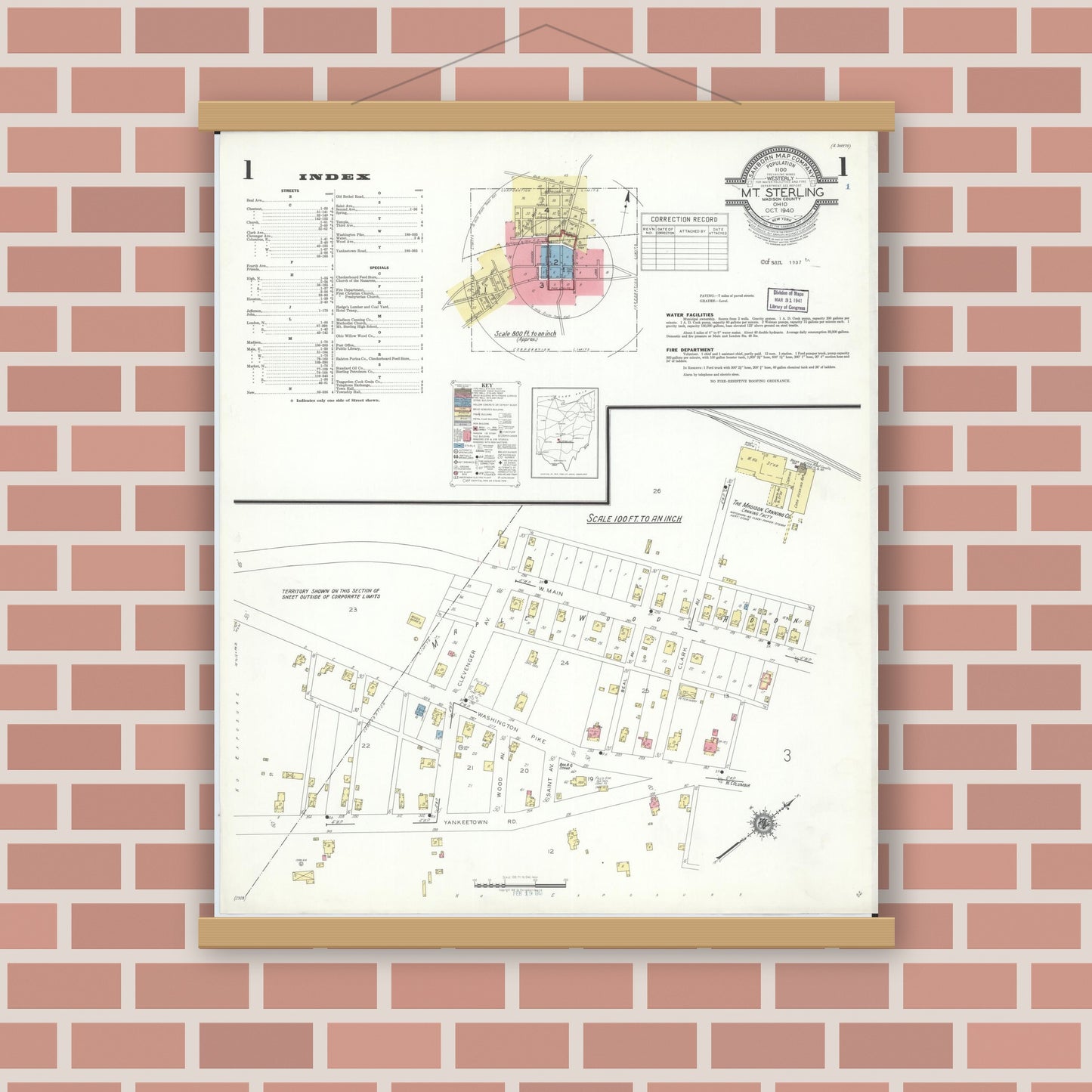 Old map wall art mockup — magnetic wood frame on brick wall — Sanborn Fire Insurance Map from Mount Sterling, Madison County, Ohio (1940) - Complete Map Set