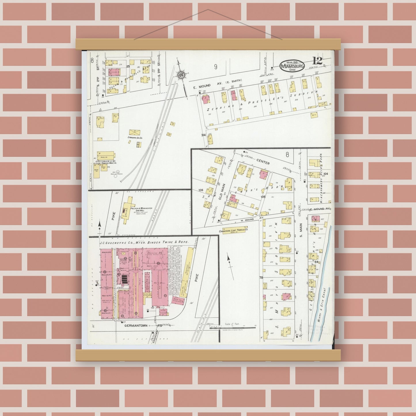 Old map wall art mockup — magnetic wood frame on brick wall — Sanborn Fire Insurance Map from Miamisburg, Montgomery County, Ohio (1919), Sheet #0012
