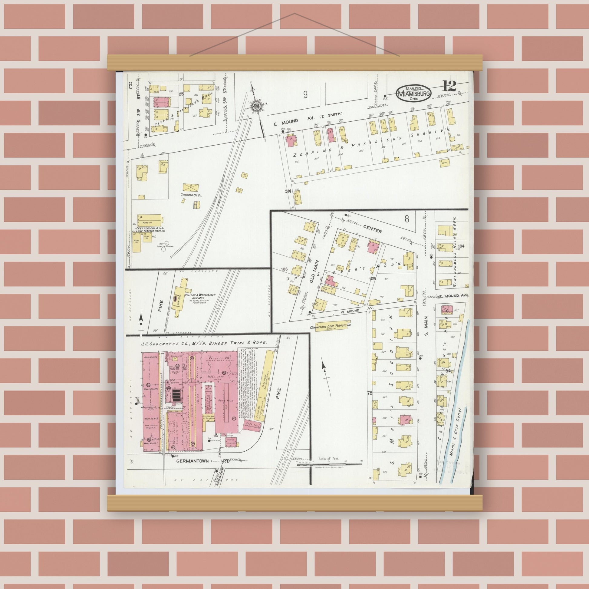 Old map wall art mockup — magnetic wood frame on brick wall — Sanborn Fire Insurance Map from Miamisburg, Montgomery County, Ohio (1919), Sheet #0012
