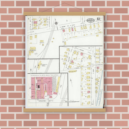 Old map wall art mockup — magnetic wood frame on brick wall — Sanborn Fire Insurance Map from Miamisburg, Montgomery County, Ohio (1919), Sheet #0012