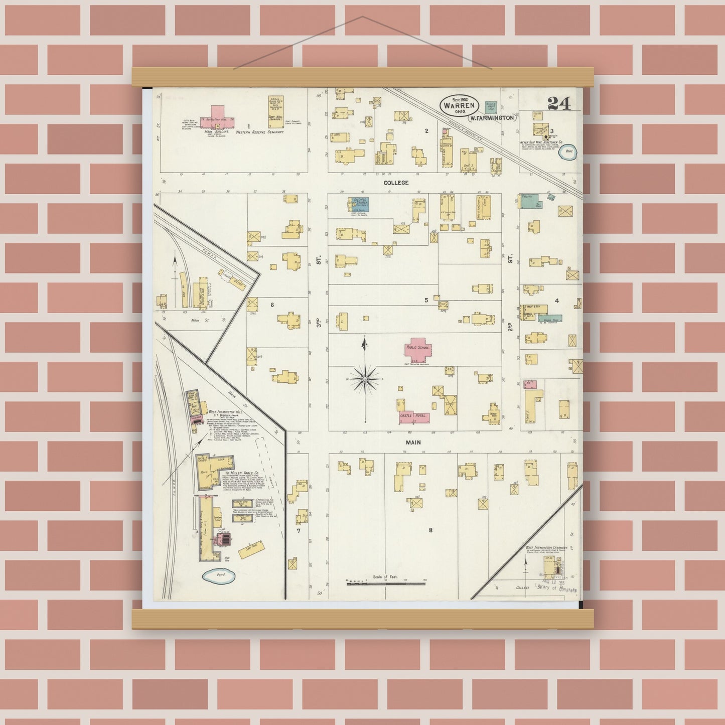 Old map wall art mockup — magnetic wood frame on brick wall — Sanborn Fire Insurance Map from Warren, Trumbull County, Ohio (1902), Sheet #0024