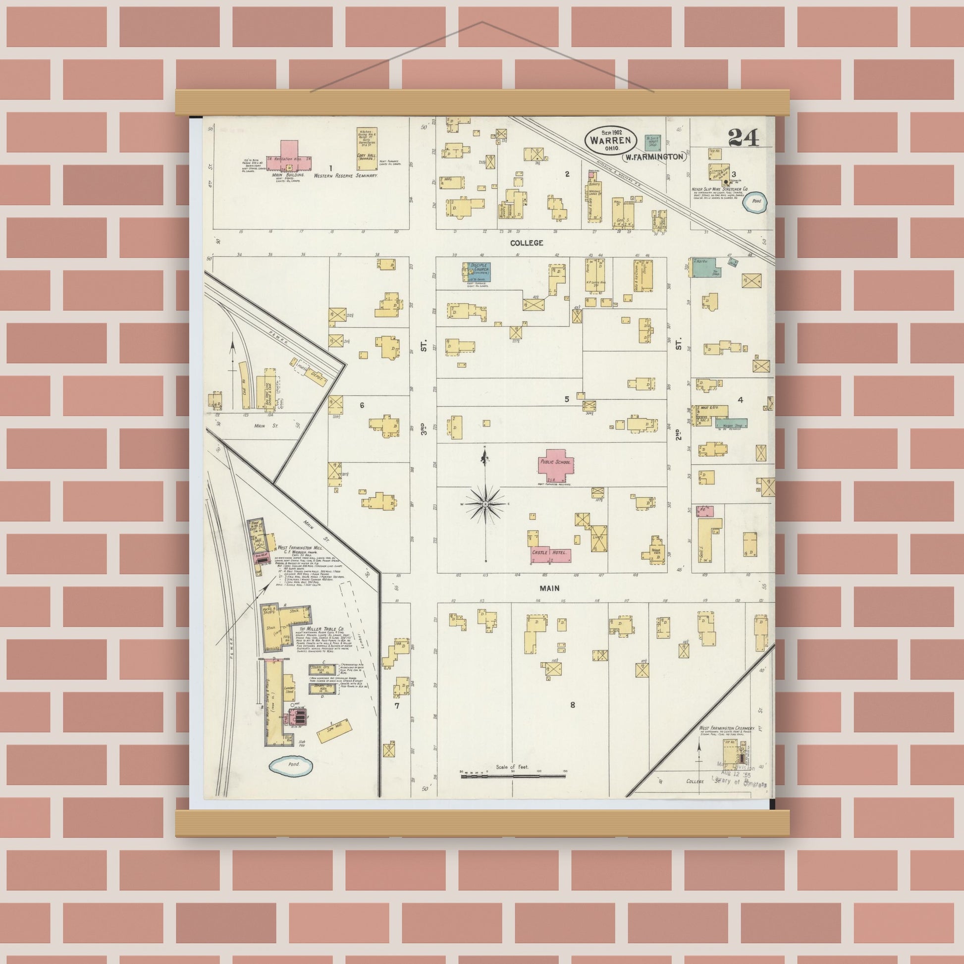 Old map wall art mockup — magnetic wood frame on brick wall — Sanborn Fire Insurance Map from Warren, Trumbull County, Ohio (1902), Sheet #0024