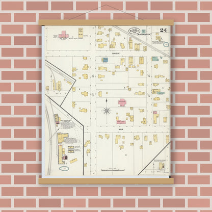 Old map wall art mockup — magnetic wood frame on brick wall — Sanborn Fire Insurance Map from Warren, Trumbull County, Ohio (1902), Sheet #0024