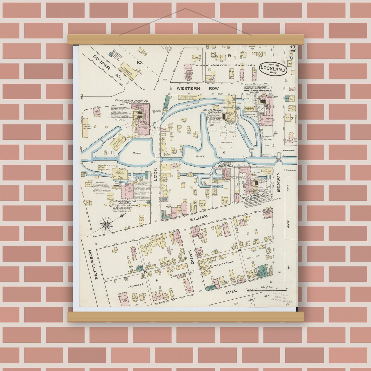 Old map wall art mockup — magnetic wood frame on brick wall — Sanborn Fire Insurance Map from Lockland, Hamilton County, Ohio (1886), Sheet #0002