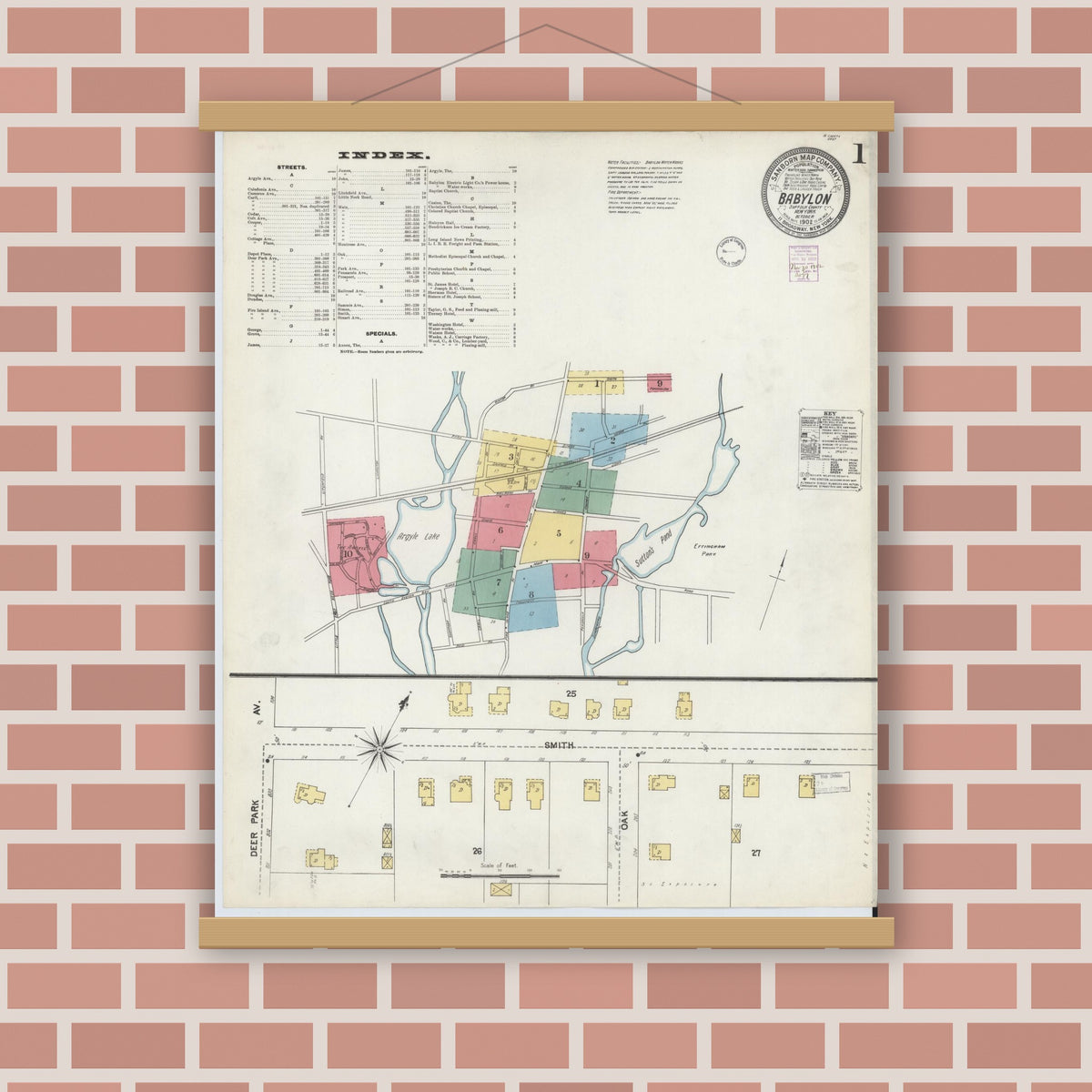 Old map wall art mockup — magnetic wood frame on brick wall — Sanborn Fire Insurance Map from Babylon, Suffolk County, New York (1902) - Complete Map Set