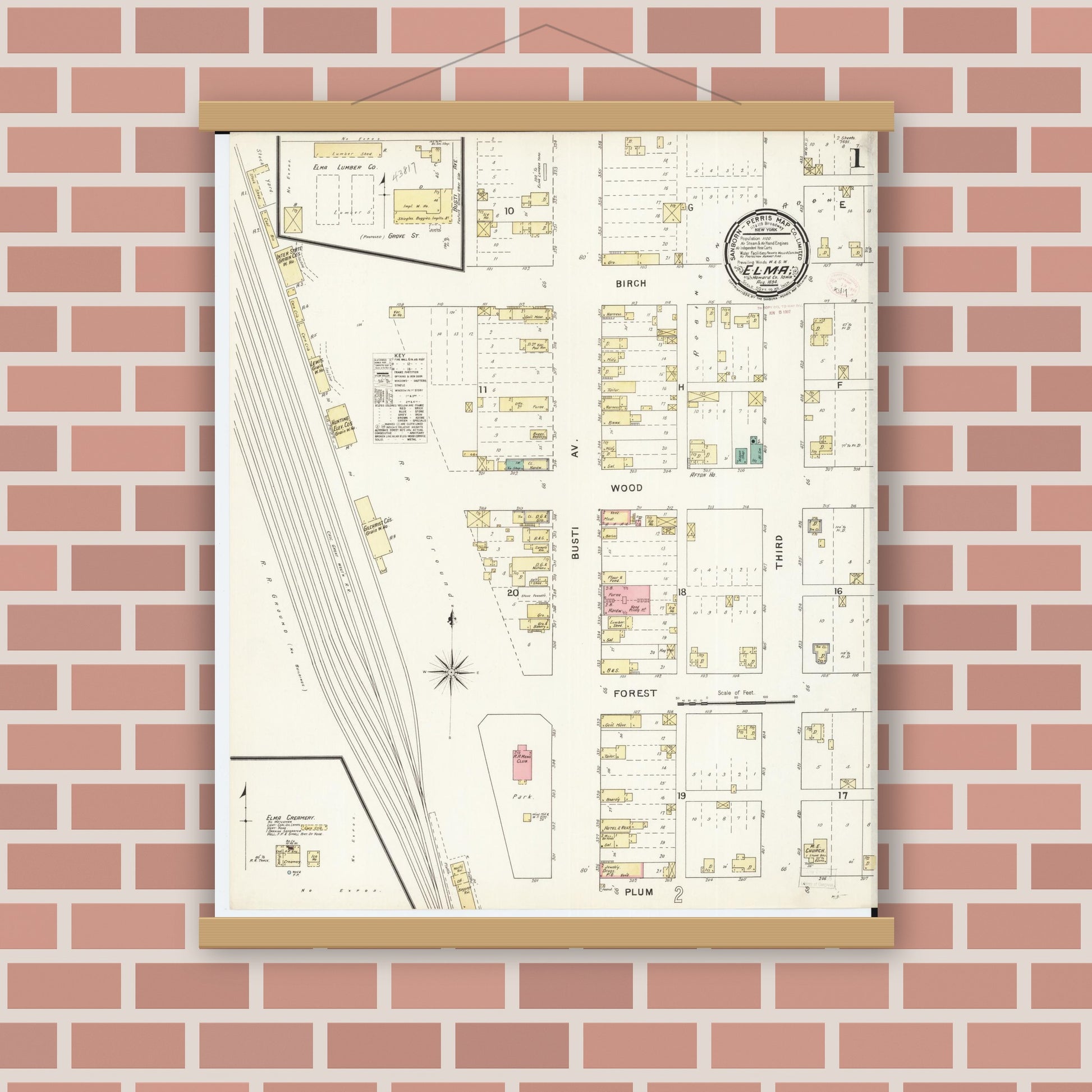 Old map wall art mockup — magnetic wood frame on brick wall — Sanborn Fire Insurance Map from Elma, Howard County, Iowa (1894), Sheet #0001