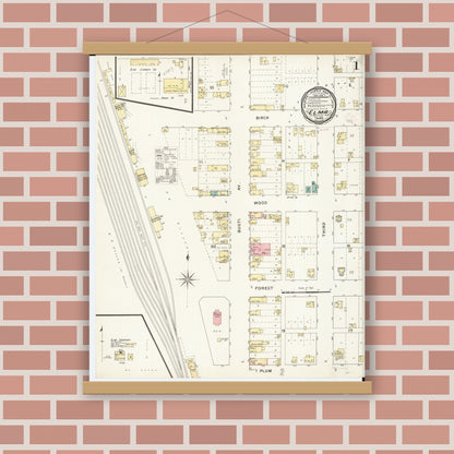 Old map wall art mockup — magnetic wood frame on brick wall — Sanborn Fire Insurance Map from Elma, Howard County, Iowa (1894), Sheet #0001