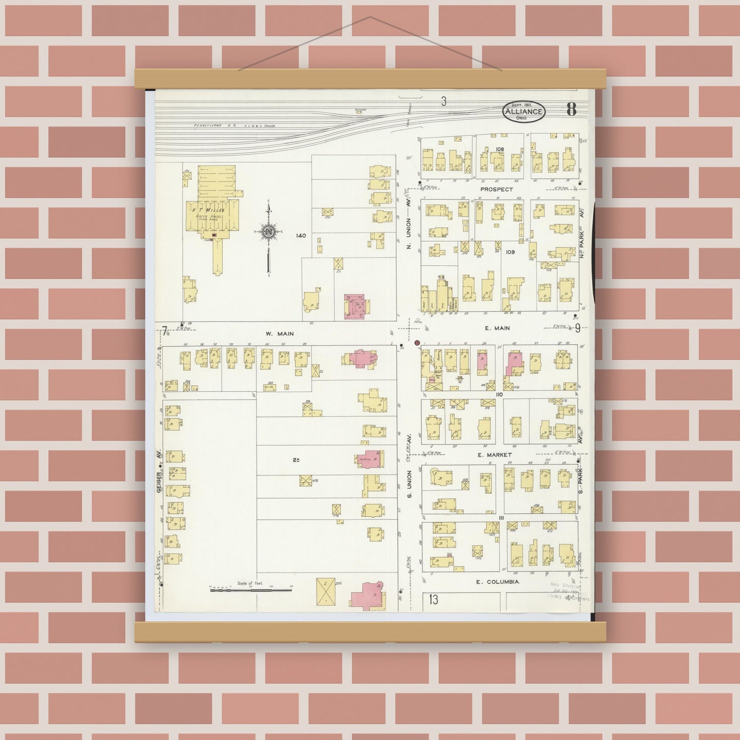Old map wall art mockup — magnetic wood frame on brick wall — Sanborn Fire Insurance Map from Alliance, Stark County, Ohio (1911), Sheet #0008