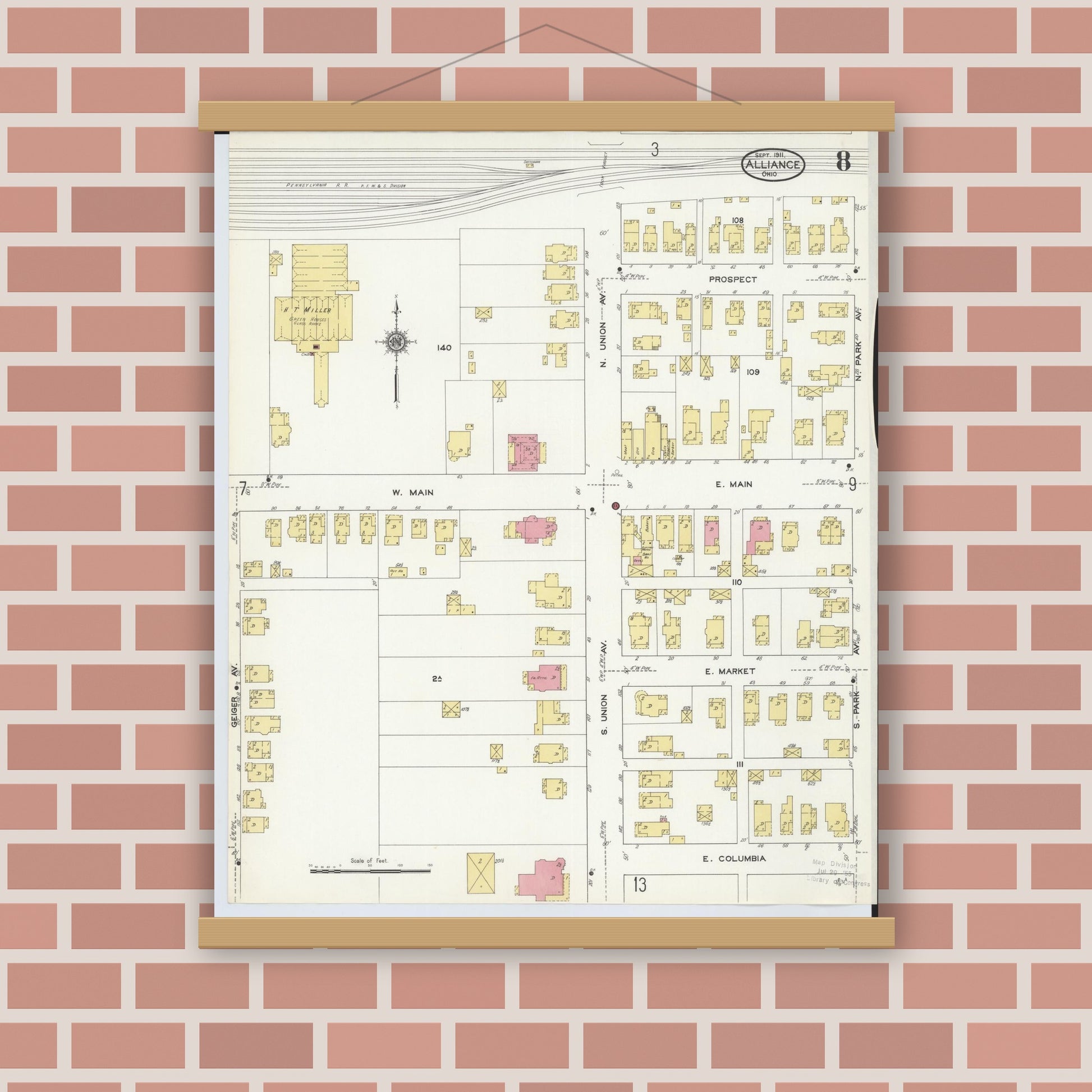 Old map wall art mockup — magnetic wood frame on brick wall — Sanborn Fire Insurance Map from Alliance, Stark County, Ohio (1911), Sheet #0008