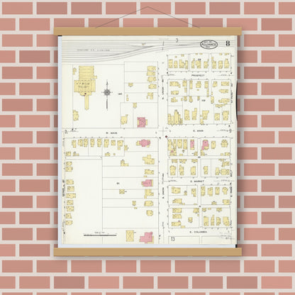 Old map wall art mockup — magnetic wood frame on brick wall — Sanborn Fire Insurance Map from Alliance, Stark County, Ohio (1911), Sheet #0008