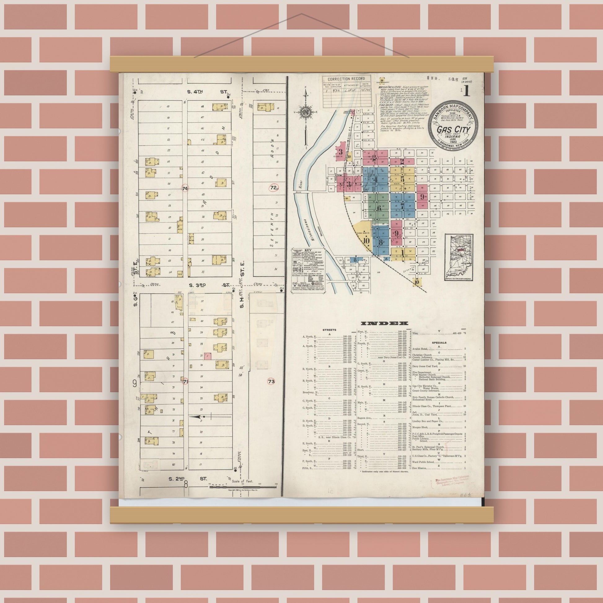 Old map wall art mockup — magnetic wood frame on brick wall — Sanborn Fire Insurance Map from Gas City, Grant County, Indiana (1932) - Complete Map Set