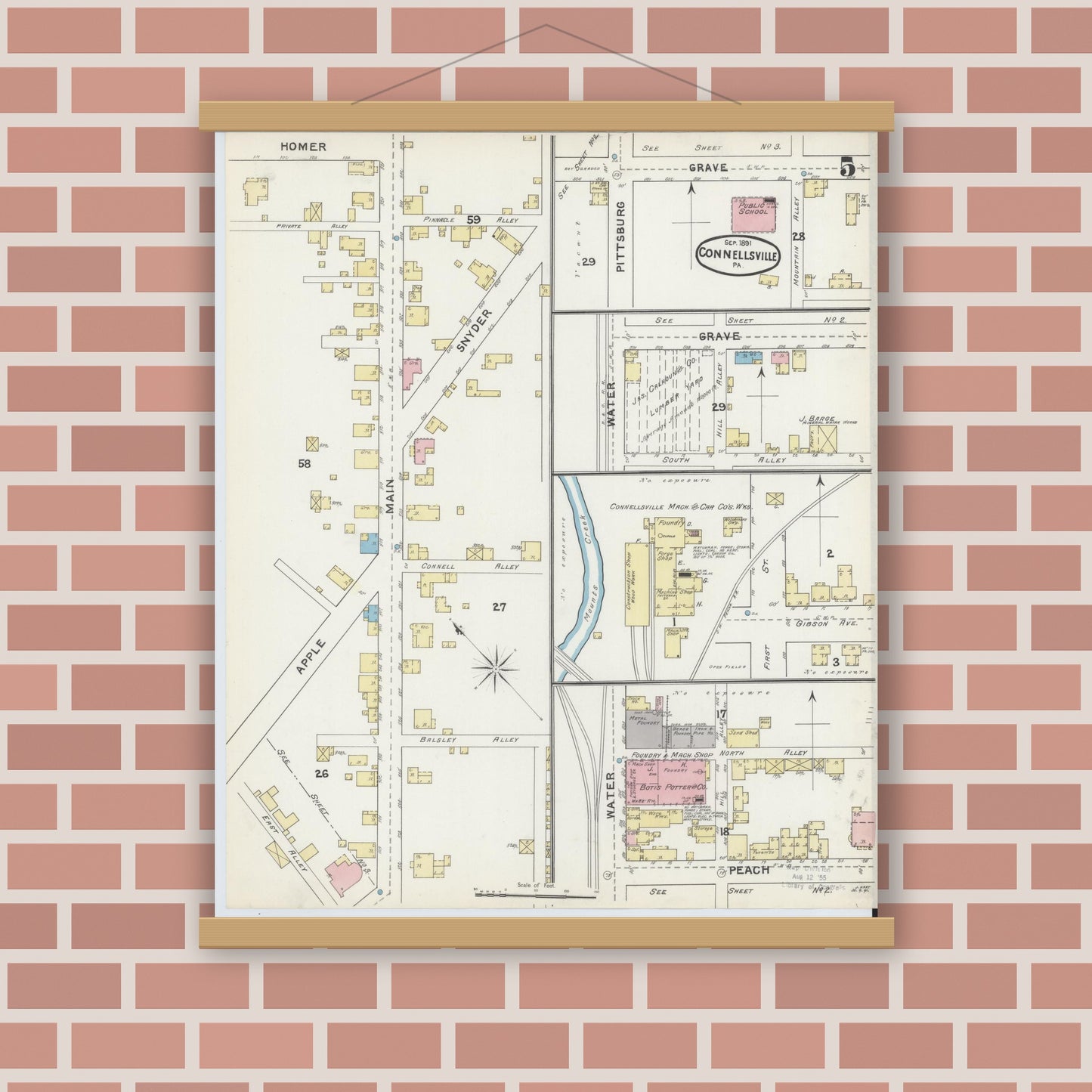Old map wall art mockup — magnetic wood frame on brick wall — Sanborn Fire Insurance Map from Connellsville, Fayette County, Pennsylvania (1891), Sheet #0005