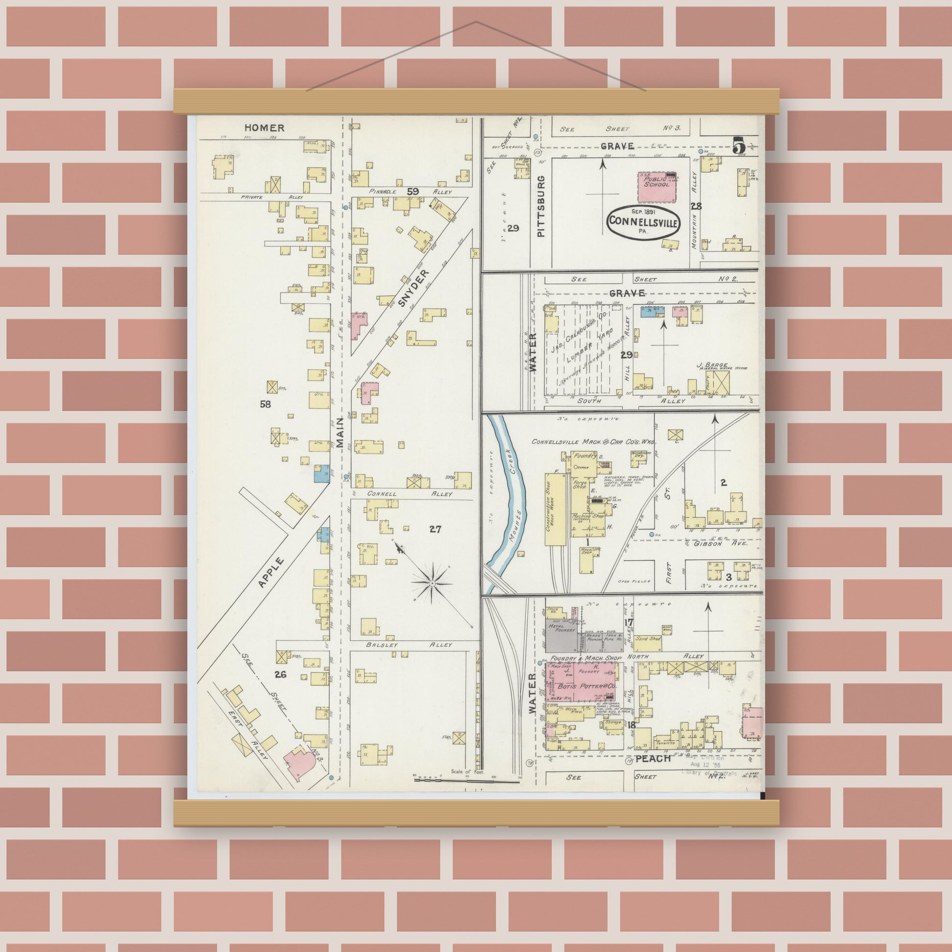 Old map wall art mockup — magnetic wood frame on brick wall — Sanborn Fire Insurance Map from Connellsville, Fayette County, Pennsylvania (1891), Sheet #0005