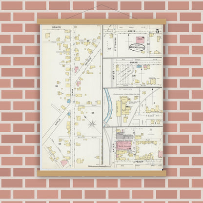 Old map wall art mockup — magnetic wood frame on brick wall — Sanborn Fire Insurance Map from Connellsville, Fayette County, Pennsylvania (1891), Sheet #0005