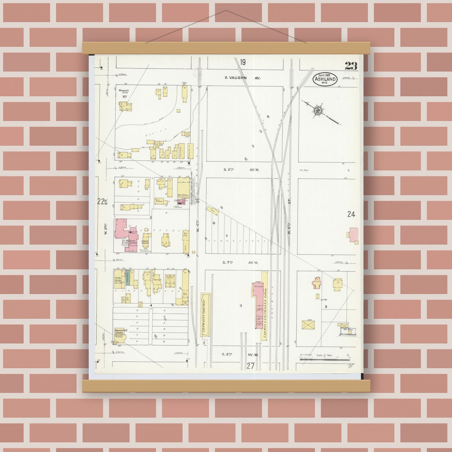Old map wall art mockup — magnetic wood frame on brick wall — Sanborn Fire Insurance Map from Ashland, Ashland County, Wisconsin (1909), Sheet #0023