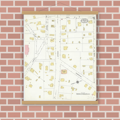 Old map wall art mockup — magnetic wood frame on brick wall — Sanborn Fire Insurance Map from Pittsburg, Camp County, Texas (1911), Sheet #0007