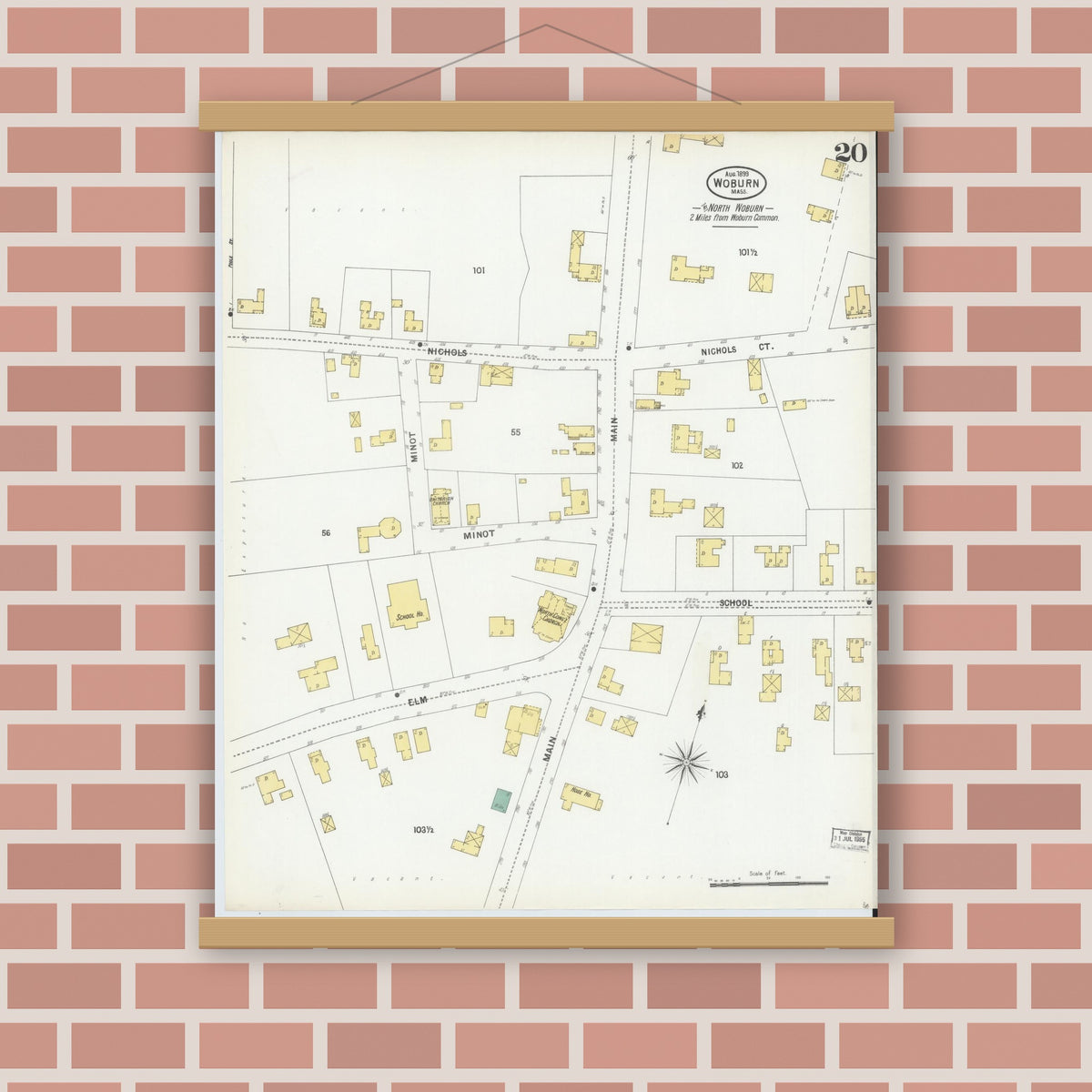 Old map wall art mockup — magnetic wood frame on brick wall — Sanborn Fire Insurance Map from Woburn, Middlesex County, Massachusetts (1899), Sheet #0020