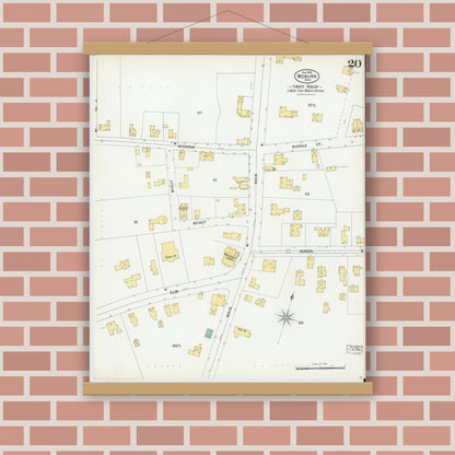 Old map wall art mockup — magnetic wood frame on brick wall — Sanborn Fire Insurance Map from Woburn, Middlesex County, Massachusetts (1899), Sheet #0020