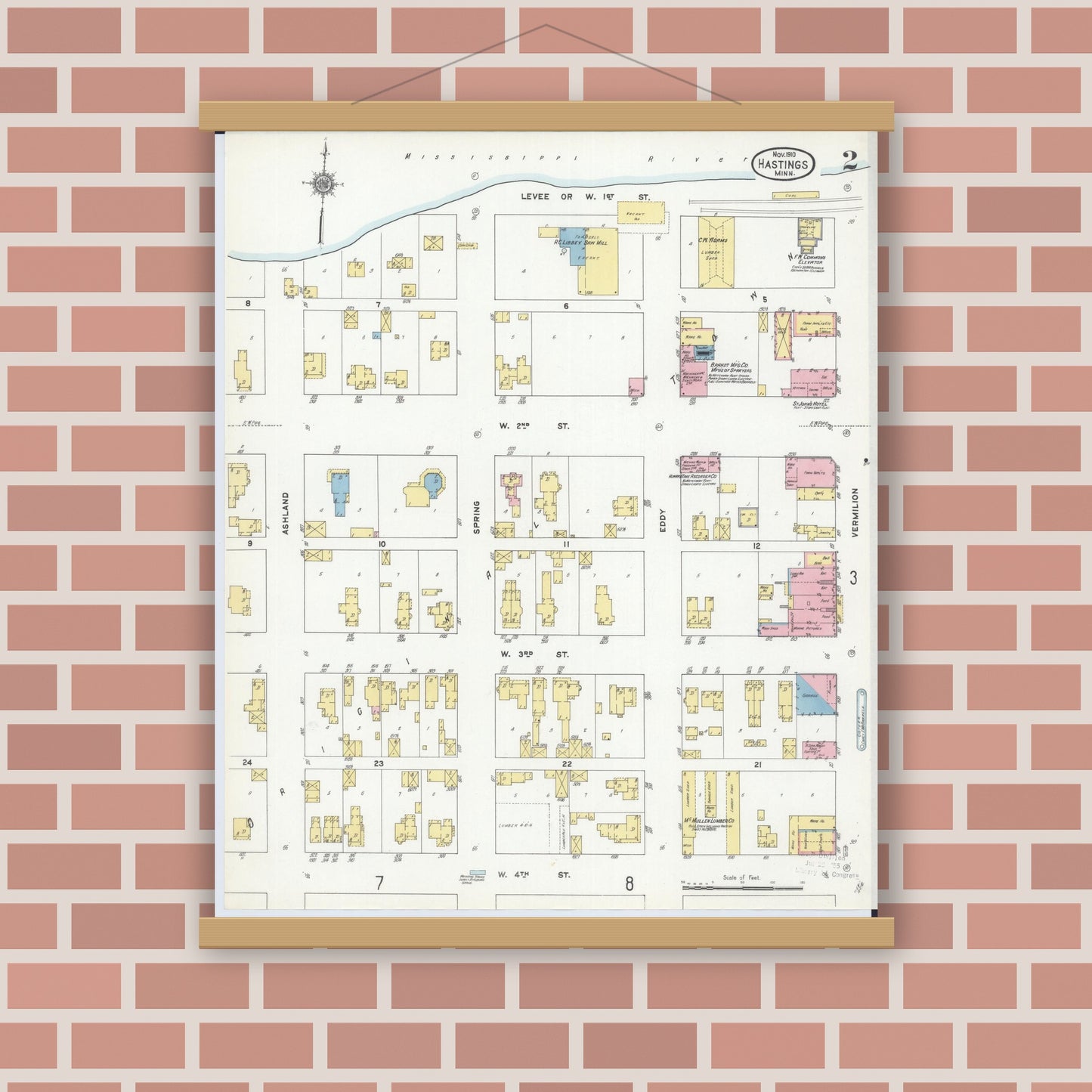 Old map wall art mockup — magnetic wood frame on brick wall — Sanborn Fire Insurance Map from Hastings, Dakota County, Minnesota (1910), Sheet #0002