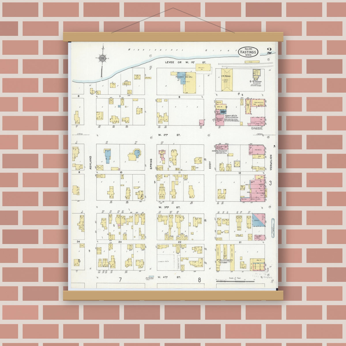 Old map wall art mockup — magnetic wood frame on brick wall — Sanborn Fire Insurance Map from Hastings, Dakota County, Minnesota (1910), Sheet #0002