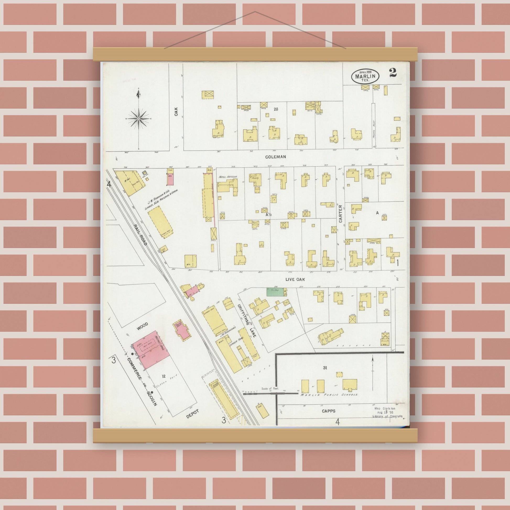 Old map wall art mockup — magnetic wood frame on brick wall — Sanborn Fire Insurance Map from Marlin, Falls County, Texas (1899), Sheet #0002