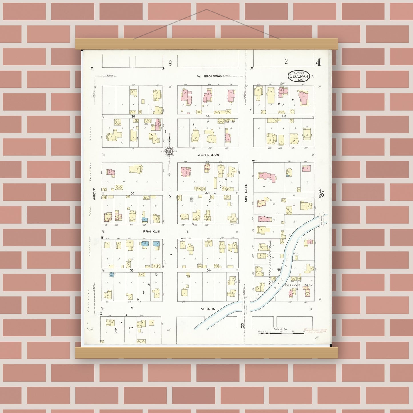 Old map wall art mockup — magnetic wood frame on brick wall — Sanborn Fire Insurance Map from Decorah, Winneshiek County, Iowa (1914), Sheet #0004