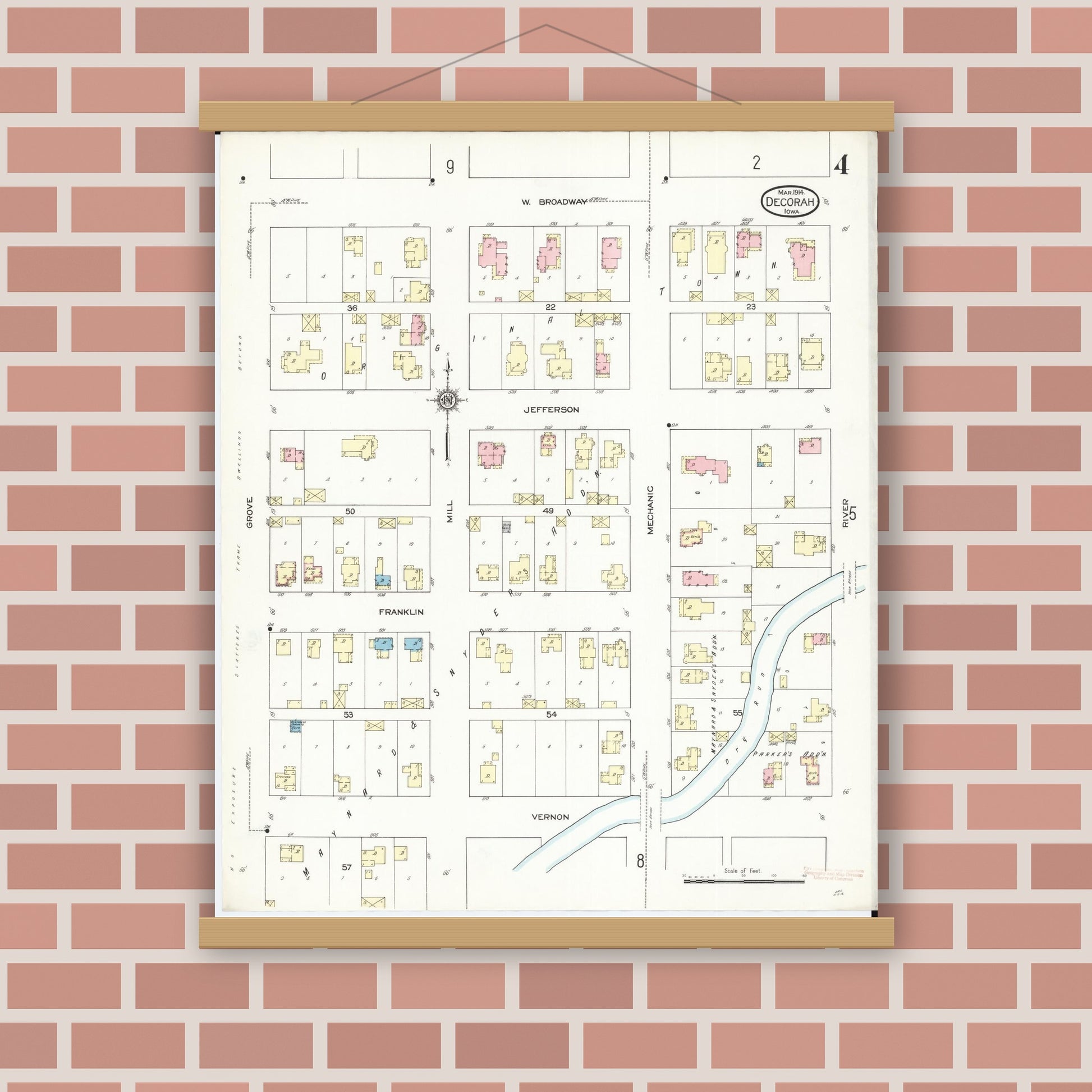 Old map wall art mockup — magnetic wood frame on brick wall — Sanborn Fire Insurance Map from Decorah, Winneshiek County, Iowa (1914), Sheet #0004