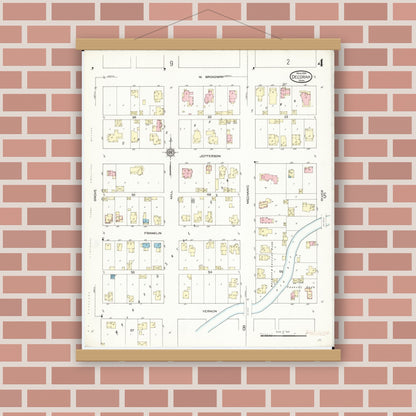 Old map wall art mockup — magnetic wood frame on brick wall — Sanborn Fire Insurance Map from Decorah, Winneshiek County, Iowa (1914), Sheet #0004