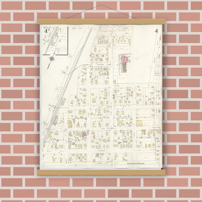 Old map wall art mockup — magnetic wood frame on brick wall — Sanborn Fire Insurance Map from Conroe, Montgomery County, Texas (1943), Sheet #0004