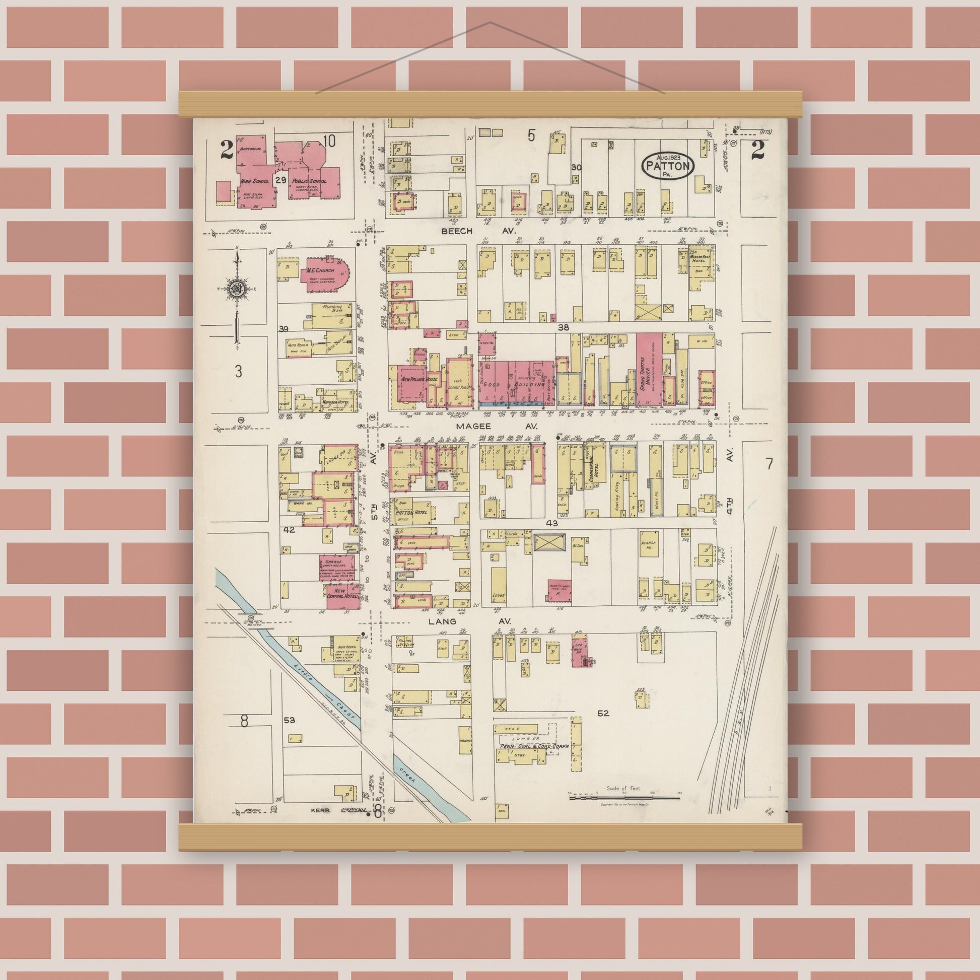 Old map wall art mockup — magnetic wood frame on brick wall — Sanborn Fire Insurance Map from Patton, Cambria County, Pennsylvania (1923), Sheet #0002