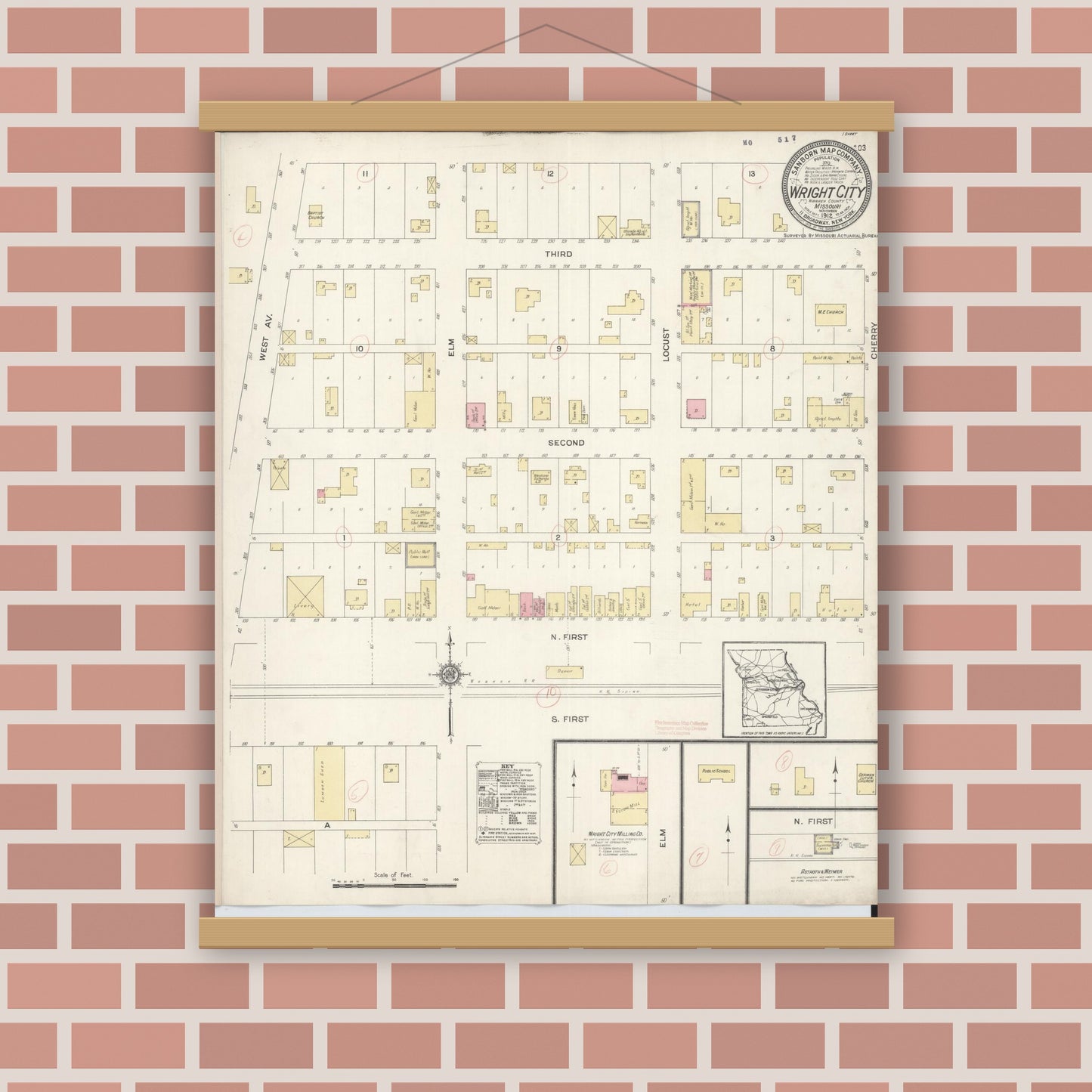 Old map wall art mockup — magnetic wood frame on brick wall — Sanborn Fire Insurance Map from Wright City, Warren County, Missouri (1912), Sheet #0001
