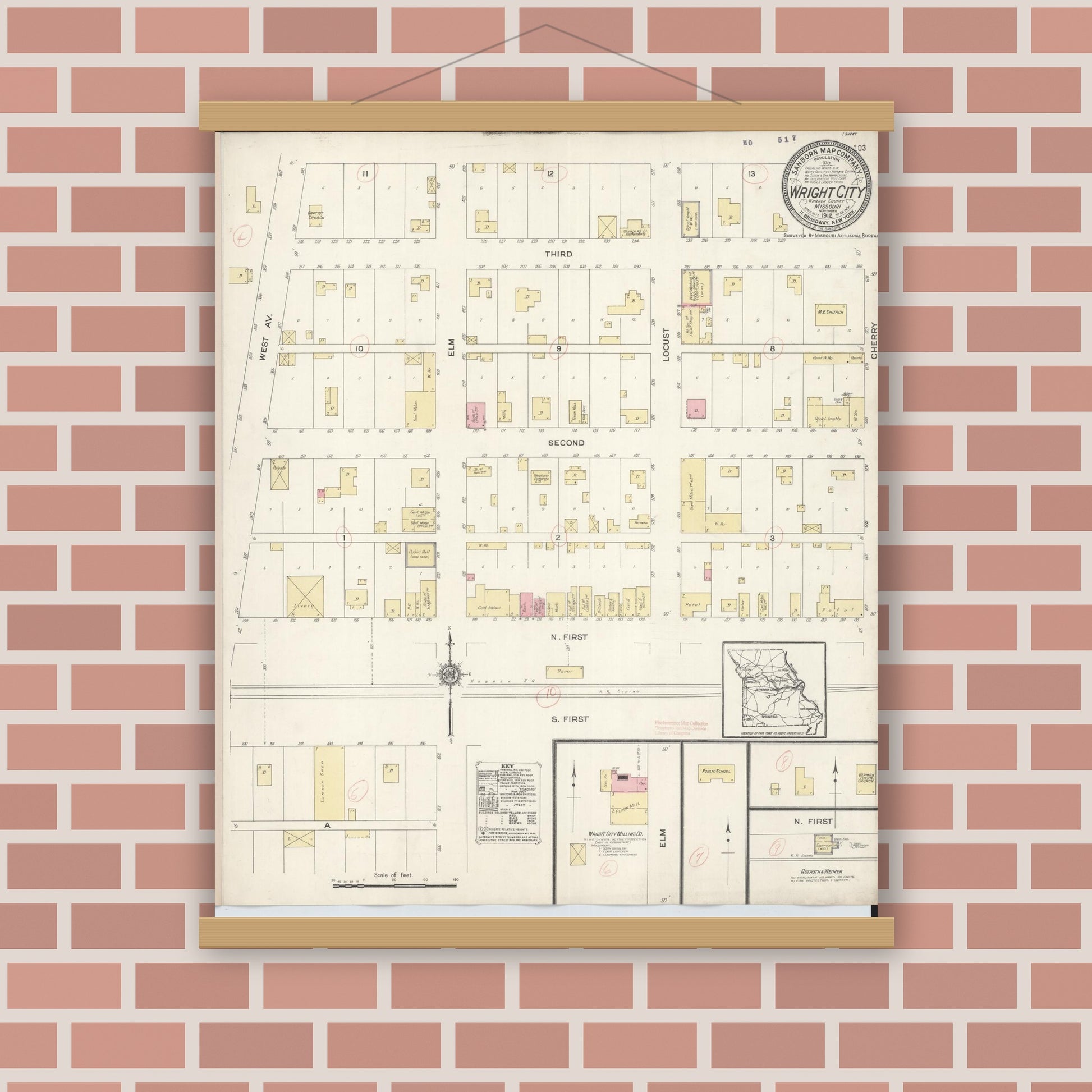 Old map wall art mockup — magnetic wood frame on brick wall — Sanborn Fire Insurance Map from Wright City, Warren County, Missouri (1912), Sheet #0001