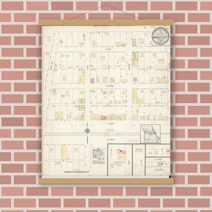 Old map wall art mockup — magnetic wood frame on brick wall — Sanborn Fire Insurance Map from Wright City, Warren County, Missouri (1912), Sheet #0001