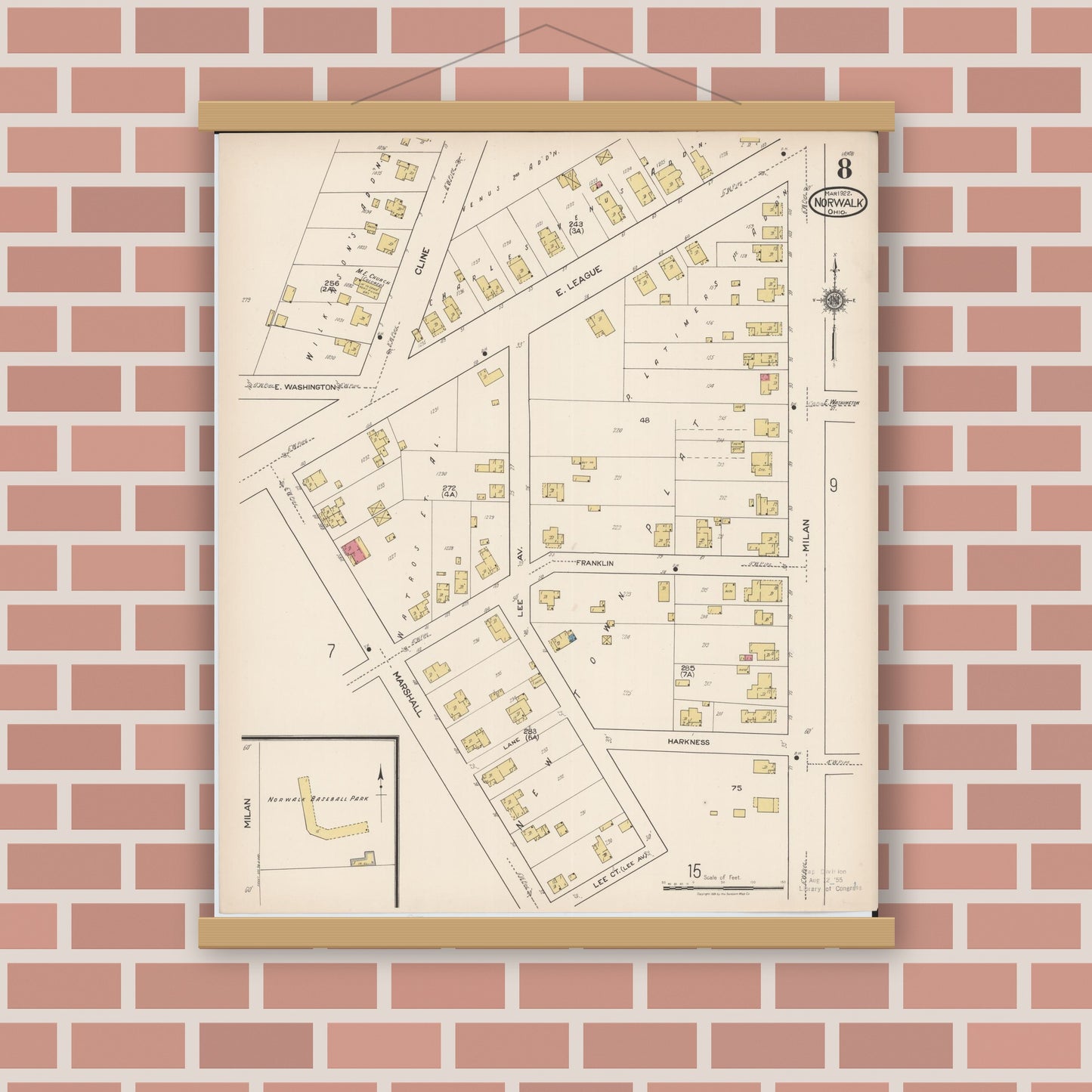 Old map wall art mockup — magnetic wood frame on brick wall — Sanborn Fire Insurance Map from Norwalk, Huron County, Ohio (1922), Sheet #0008