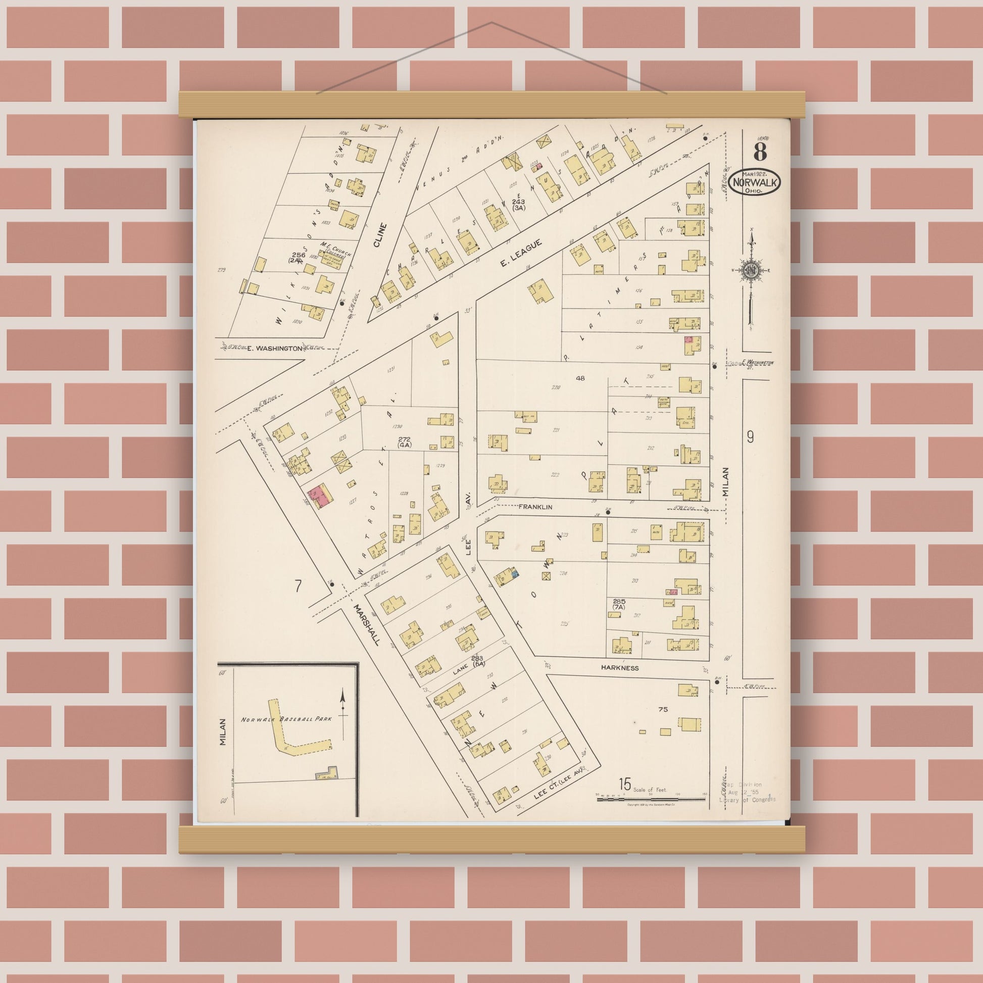 Old map wall art mockup — magnetic wood frame on brick wall — Sanborn Fire Insurance Map from Norwalk, Huron County, Ohio (1922), Sheet #0008