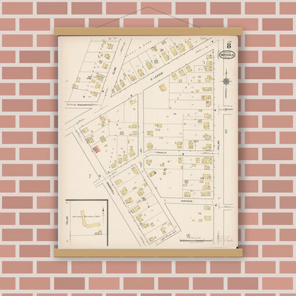 Old map wall art mockup — magnetic wood frame on brick wall — Sanborn Fire Insurance Map from Norwalk, Huron County, Ohio (1922), Sheet #0008