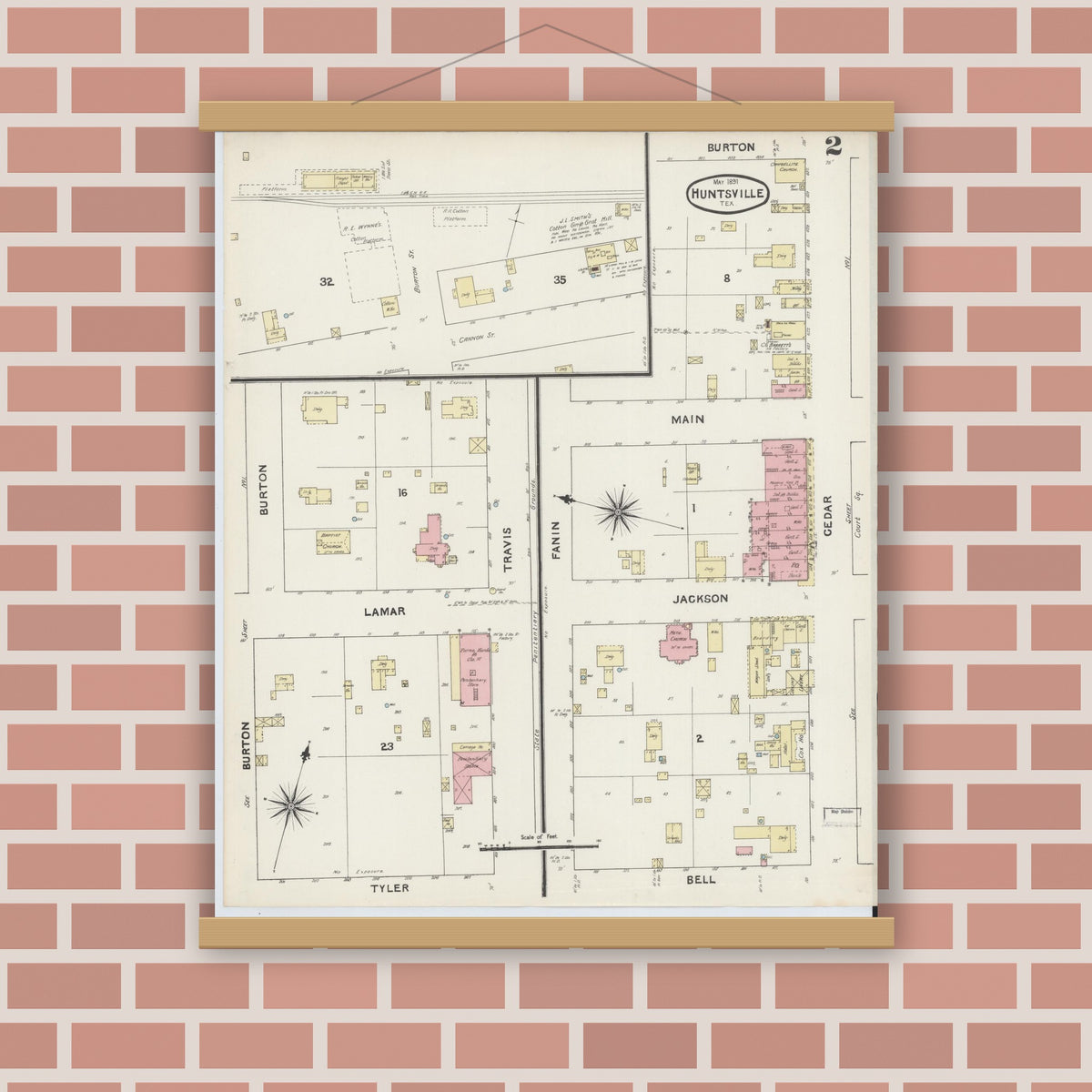 Old map wall art mockup — magnetic wood frame on brick wall — Sanborn Fire Insurance Map from Huntsville, Walker County, Texas (1891), Sheet #0002