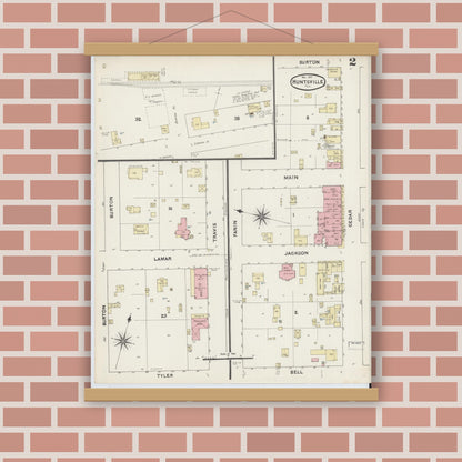 Old map wall art mockup — magnetic wood frame on brick wall — Sanborn Fire Insurance Map from Huntsville, Walker County, Texas (1891), Sheet #0002