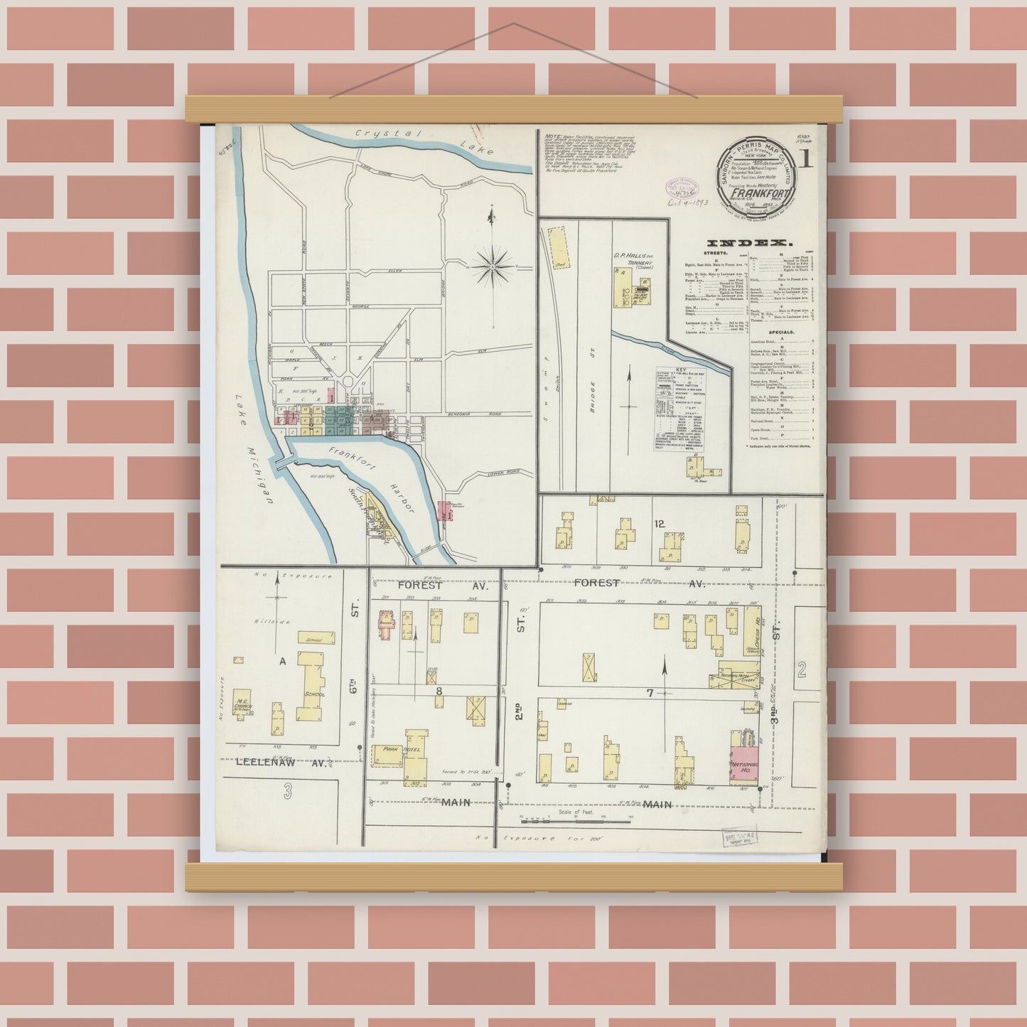 Old map wall art mockup — magnetic wood frame on brick wall — Sanborn Fire Insurance Map from Frankfort, Benzie County, Michigan (1893) - Complete Map Set
