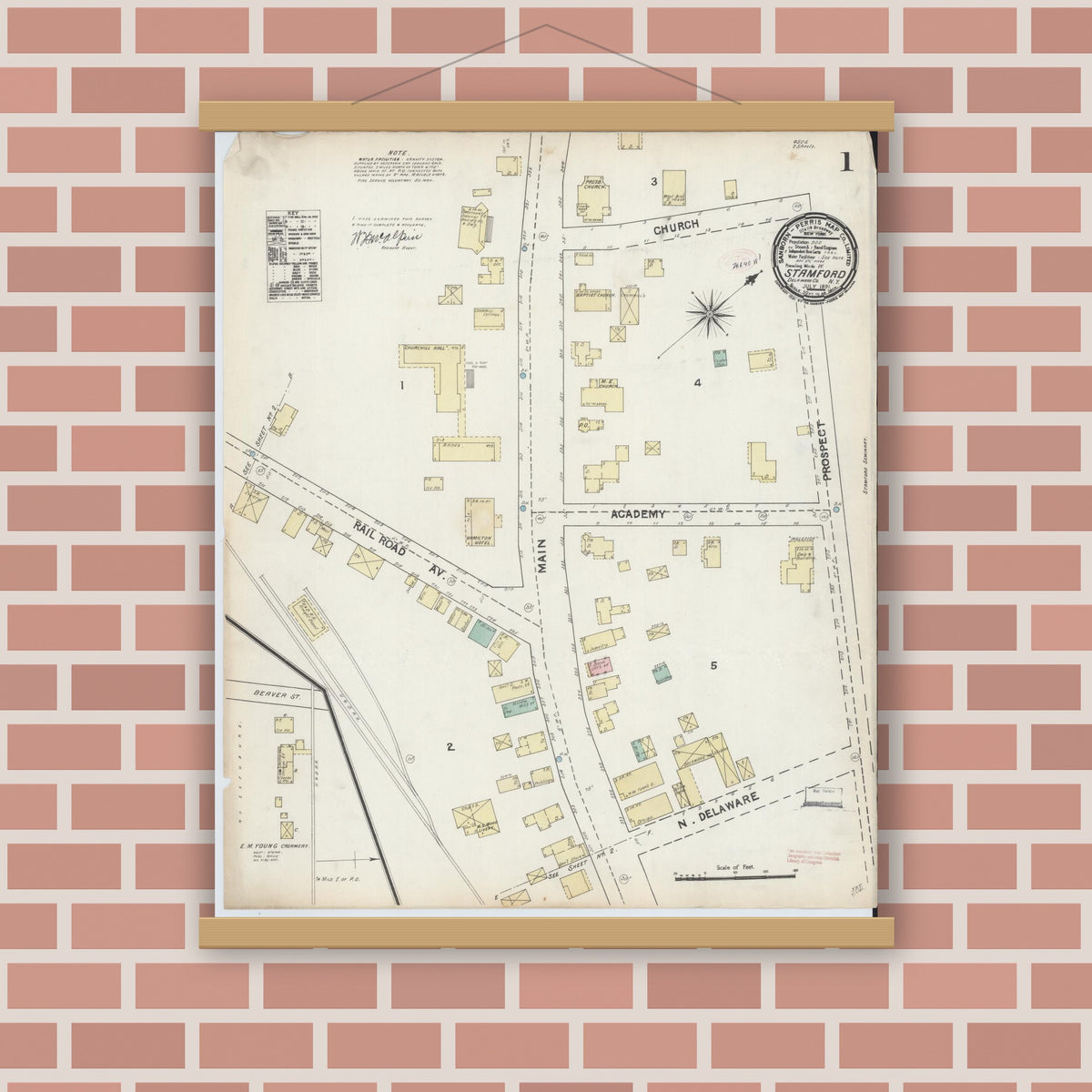 Old map wall art mockup — magnetic wood frame on brick wall — Sanborn Fire Insurance Map from Stamford, Delaware County, New York (1891) - Complete Map Set