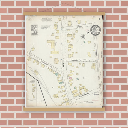 Old map wall art mockup — magnetic wood frame on brick wall — Sanborn Fire Insurance Map from Stamford, Delaware County, New York (1891) - Complete Map Set