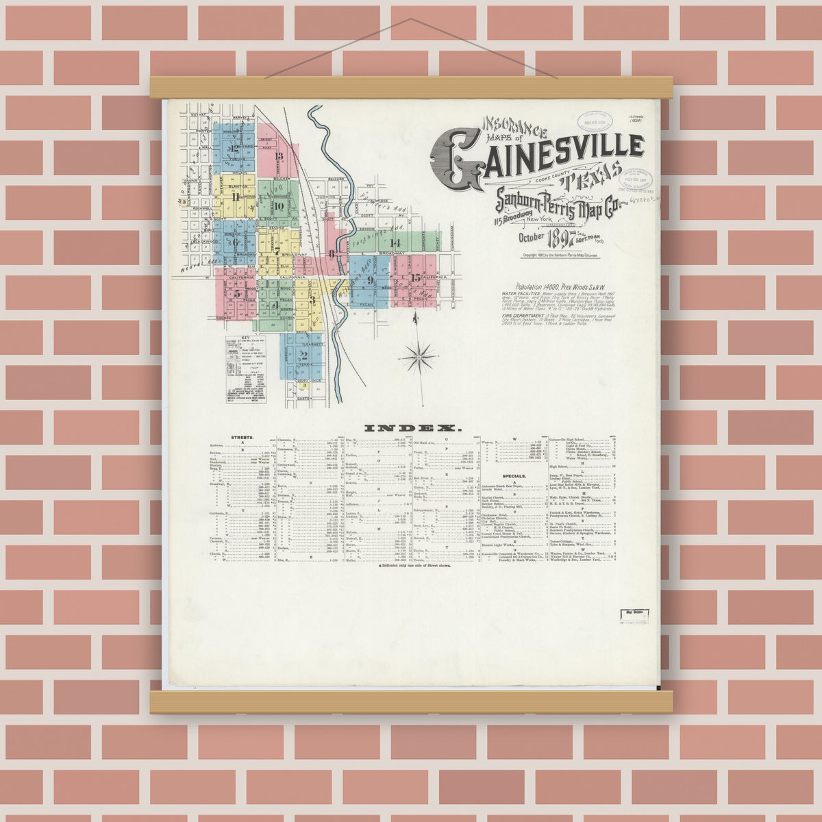 Old map wall art mockup — magnetic wood frame on brick wall — Sanborn Fire Insurance Map from Gainesville, Cooke County, Texas (1897) - Complete Map Set