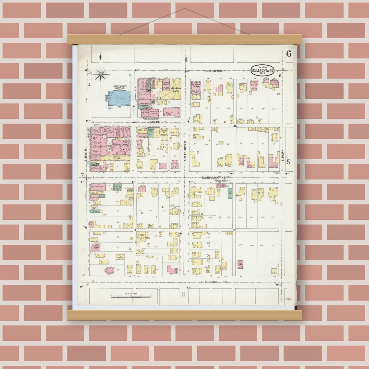 Old map wall art mockup — magnetic wood frame on brick wall — Sanborn Fire Insurance Map from Bellefontaine, Logan County, Ohio (1896), Sheet #0006