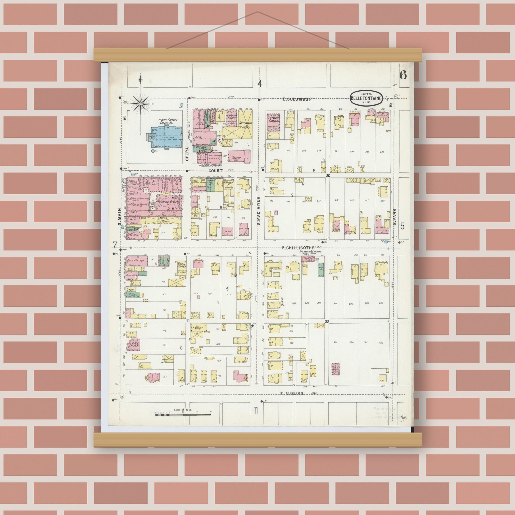 Old map wall art mockup — magnetic wood frame on brick wall — Sanborn Fire Insurance Map from Bellefontaine, Logan County, Ohio (1896), Sheet #0006