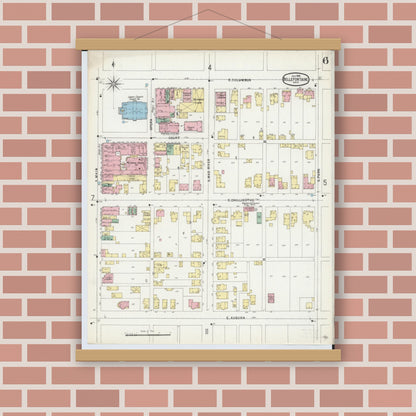 Old map wall art mockup — magnetic wood frame on brick wall — Sanborn Fire Insurance Map from Bellefontaine, Logan County, Ohio (1896), Sheet #0006