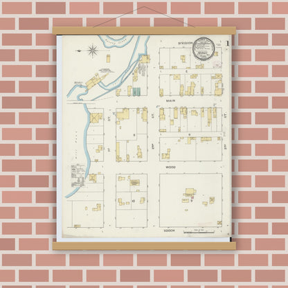 Old map wall art mockup — magnetic wood frame on brick wall — Sanborn Fire Insurance Map from Hersey, Osceola County, Michigan (1894) - Complete Map Set