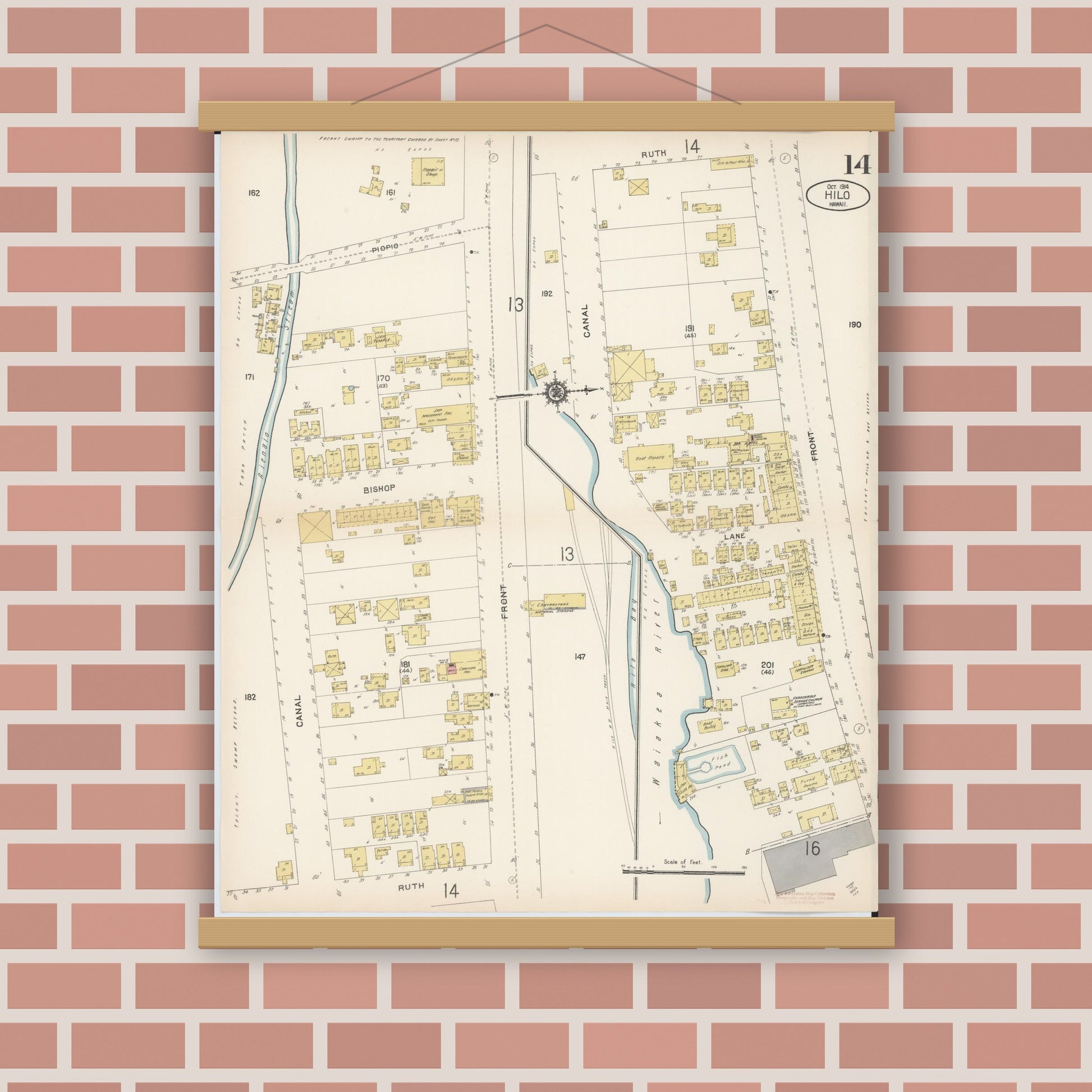 Old map wall art mockup — magnetic wood frame on brick wall — Sanborn Fire Insurance Map from Hilo, Hawaii County, Hawaii (1914), Sheet #0014
