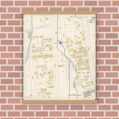 Old map wall art mockup — magnetic wood frame on brick wall — Sanborn Fire Insurance Map from Hilo, Hawaii County, Hawaii (1914), Sheet #0014